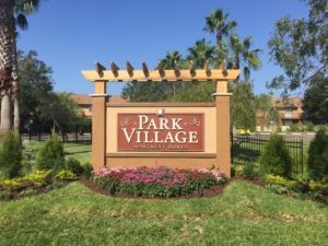 Outdoor routed monument sign for Park Village